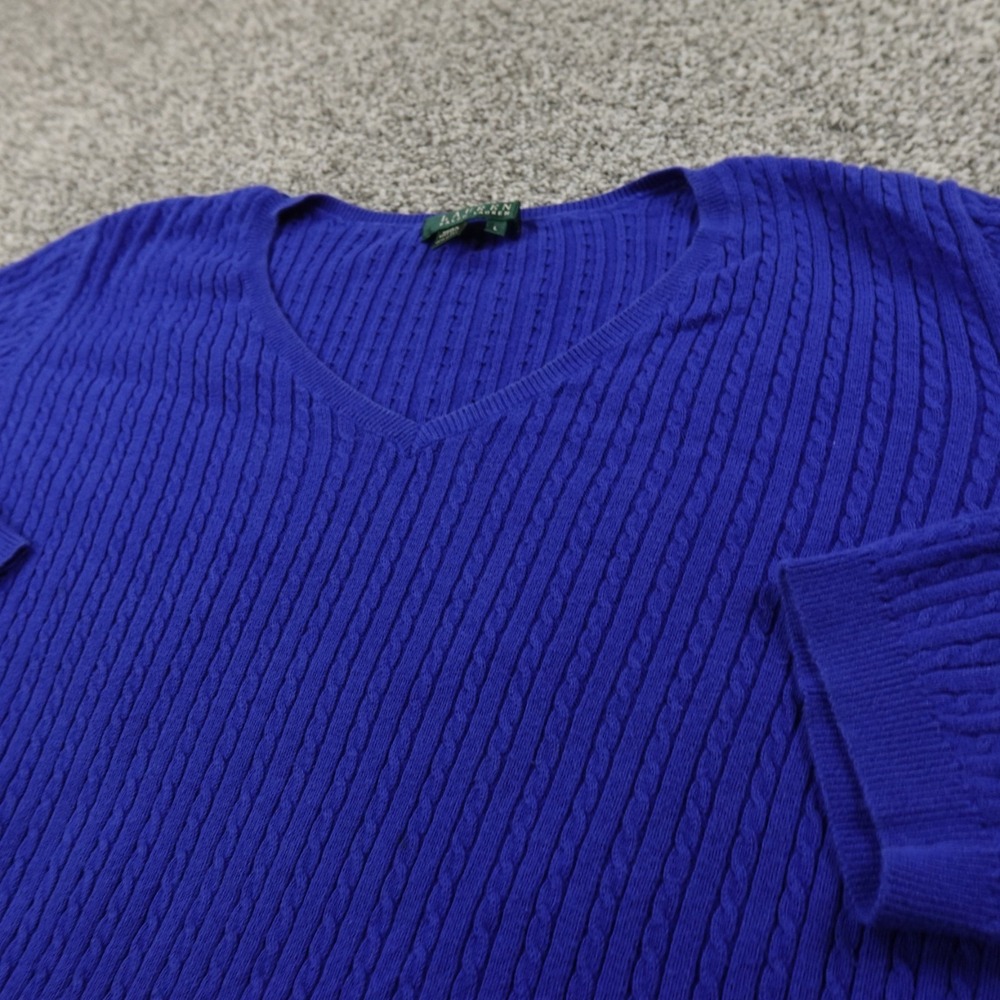 VTG Ralph Lauren Sweater Womens L Blue Aran Cable Knit Pullover V Neck Fisherman